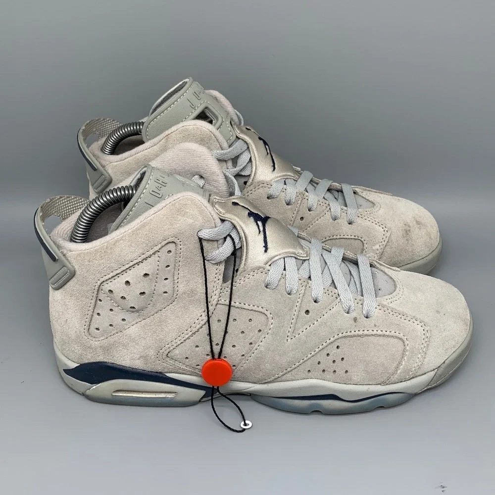 Jordan 6 Retro Light Grey Navy Blue Basketball Shoes 384665-012‎ TYouth Size 7Y